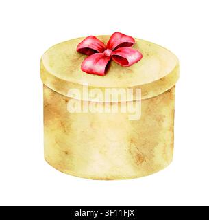 Hand painted watercolor round gift box with festive ribbon. Christmas illustration for greeting cards, invitations, packaging, holiday decor and seaso Stock Vector