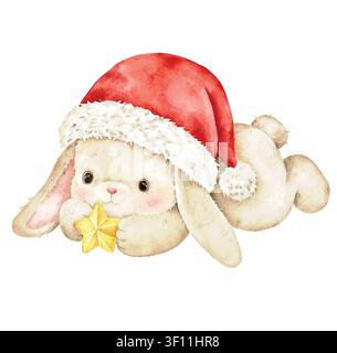 Hand painted watercolor Christmas bunny wearing a Santa hat and holding a golden star. Cute holiday illustration for greeting cards, nursery decor, in Stock Vector
