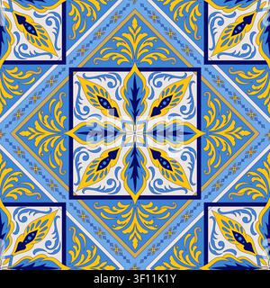 Bright Blue and Yellow Azulejo Tile Seamless Pattern Stock Vector