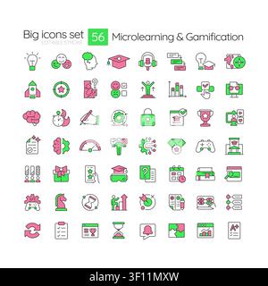 Microlearning and gamification line color icons set Stock Vector