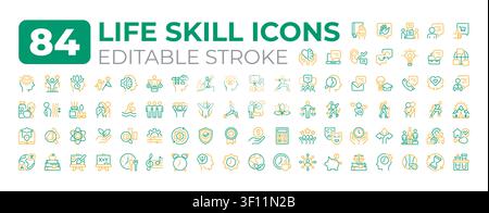 Life skills two color line icons set Stock Vector