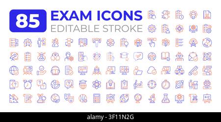 Exam two color line icons set Stock Vector