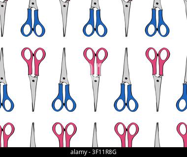 Scissor School seamless pattern colored hand drawn illustration. Vector graphic line ink art. Banner, poster, wrapping paper, sticker, print, modern t Stock Vector
