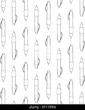 pens School seamless pattern Black and white hand drawn illustration. Vector graphic line ink art. writing instruments For poster, invitation, backdro Stock Vector