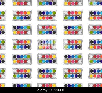 Watercolor palette School seamless pattern colored hand drawn illustration. Vector graphic line ink art. Perfect for kids designs, prints, cards and e Stock Vector