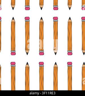 pencils School seamless pattern colored hand drawn illustration. Vector graphic line ink art. study supplies Banner, poster, wrapping paper, sticker, Stock Vector