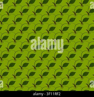 Green apple closeup seamless pattern colored hand drawn illustration. Vector graphic line ink art. Silhouette sign for logo, print, comics, fashion, p Stock Vector