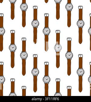 watch faces front view, School seamless pattern colored hand drawn illustration. Vector graphic line ink art. Banner, poster, wrapping paper, sticker, Stock Vector