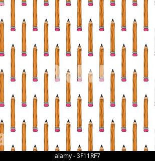 yellow Pencil School seamless pattern colored hand drawn illustration. Vector graphic line ink art. Perfect for logo, branding, packaging, labels, and Stock Vector