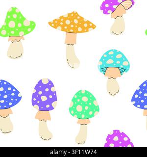 Cute colorful mushrooms seamless pattern vector illustration. Hand drawn amanita fungus with white spots on isolated white background. Vibrant autumn Stock Vector