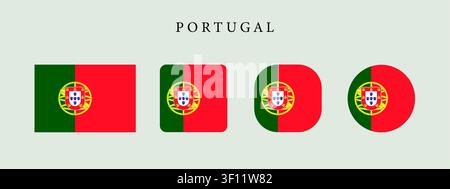 Portugal national flag set in original proportion and different shapes styles. Official Portuguese symbol vector collection Stock Vector