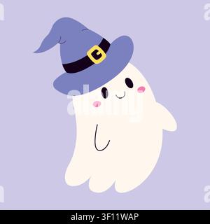 Cute cartoon ghost wearing witch hat vector illustration. Friendly spooky white phantom character with pink cheeks on purple background. Halloween hol Stock Vector