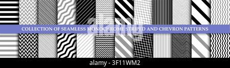 Collection of seamless monochrome geometric patterns. Minimal black and white striped, chevron, herringbone and zigzag endless vector textures set for Stock Vector