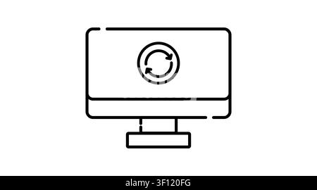 Desktop computer refresh and data sync icon: PC workstation displaying circular reload arrows on screen, minimalist black line art vector illustration Stock Vector