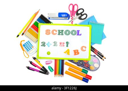 Set of school supplies isolated on white background. Stock Photo