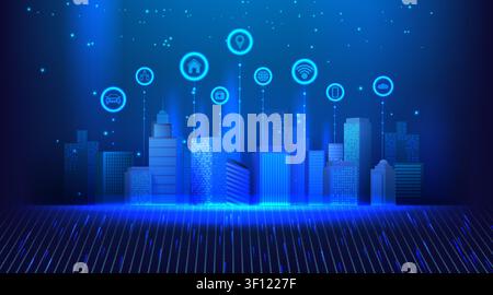 Smart buildings. Data city estate, internet technology or ios skyline network icon for business 5g center, urban buildings. Global infrastructure city management, geolocation navigation vector concept Stock Vector