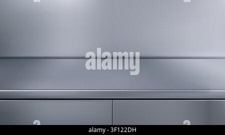 Metal kitchen surface. Stainless steel silver floor, podium or desk counter, empty wall texture, clean industrial workspace. Glossy dark grey stand. Product presentation backdrop. Vector background Stock Vector