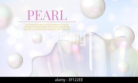 Pearl background. White glass morphism light ball, clean beauty cosmetic or 3d blur glassmorphism glow sphere. Minimal pastel banner with iridescent spheres and glossy liquid. Vector fashion backdrop Stock Vector