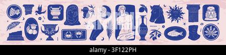 Mediterranean logo. Greek column, Greece sticker or stamp as summer museum symbol. Hand drawn postcard. Hand drawn pottery, plants and animals, decorative ornamental symbols. Vector isolated icons Stock Vector