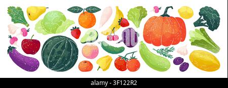 Fruit icons. Organic food fresh vegetables pumpkin, abstract green salad, hand drawn doodle farm leaf. Natural agriculture market. Healthy food variety natural cooking ingredients. Vector isolated set Stock Vector