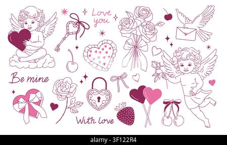 Valentine day tattoo. Coquette cherry cake elements, cute cupid love angel or girly bow key poster. Baby template. Valentine decorative symbol, flowers and gifts. Vector line isolated illustration Stock Vector