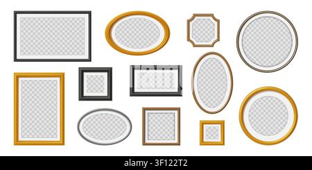 Photo frame. 3d gold or silver mirror for gallery wall, old golden antique border. Black and white baroque art. Rectangular, oval and round borders in classic style, interior decor vector isolated set Stock Vector