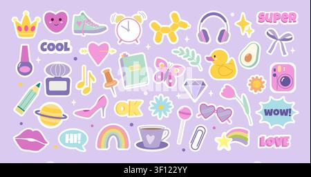 Cute stickers. Girl diary elements, summer food memo icon or planner, scrapbook journal doodle. Colorful doodle messages, notebook symbols. Vector template for social media style graphics flat set Stock Vector