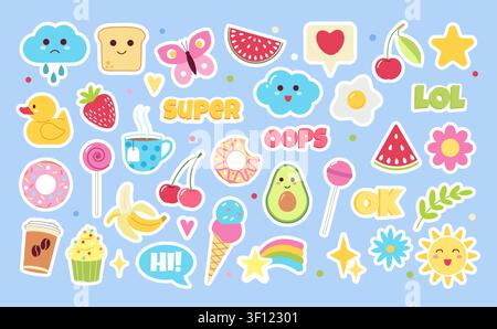 Girly stickers. Cute girl icon, fun rainbow power patch or modern y2k fashion quotes. Colorful pink heart, love design with sweet food and nature plant. Vector isolated cartoon flat isolated elements Stock Vector