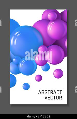 Abstract background. Vertical banner design. Glossy blue and purple ball. 3d balloon flying, colorful plastic sphere dynamic, minimal geometric print copy space for text. Vector isolated illustration Stock Vector