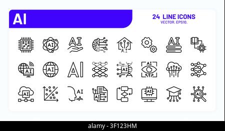 Ai icons. Artificial intelligence line tech science, data stroke search or smart computer brain. Book voice symbol. Digital technology elements for interface, corporate communication. Vector pictogram Stock Vector