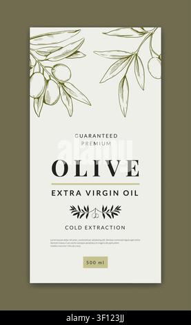 Olive oil label design. Minimal packaging template with hand drawn olive branches, premium culinary Mediterranean product elegant identity with natural botanical style. Vector isolated illustration Stock Vector