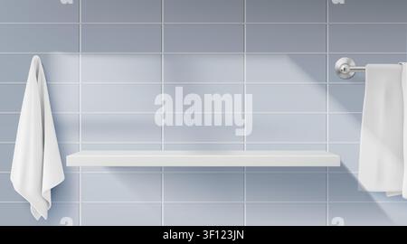 Bathroom shelf. Toilet tile background, wall podium or table. White bath shower or kitchen platform. Minimal hygiene interior with clean ceramic tiles, shelf and towel holders. Vector realistic bg Stock Vector