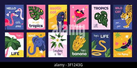 Summer posters. Abstract cocktail pattern, retro lemon print for kitchen or trendy vintage wall postcard with animals and plants, playful print design. Vector funky doodle colorful illustration set Stock Vector