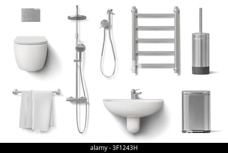 3d bathroom elements. Shower cabin, isolated toilet, white sink. Plumbing bowl equipment and accessories, modern sanitary seat. Functional hygiene space design and renovation. Vector realistic set Stock Vector