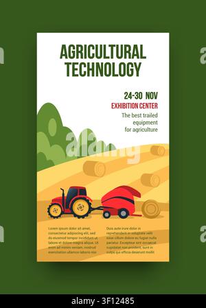 Agricultural technology poster. Illustrated farm landscape with tractor and hay bales, promotional flyer template for agriculture machinery, rural industry. Vector cartoon flat isolated illustration Stock Vector