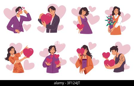 People hold heart. Couple love, volunteer person share by hand. Woman charity character, man donate and support. Boy and girl in romantic relationships. Vector sign cartoon flat isolated illustration Stock Vector