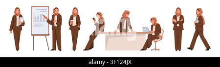 Muslim woman. Arab Saudi women in hijab veil, girl teacher in business office. Qatar lady at work with laptop. Corporate professional presentation project. Vector cartoon flat style isolated set Stock Vector