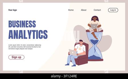 Business analytics landing page. Modern web interface, office people using laptops and hourglass, corporate data analysis service concept. Employee on workplace. Vector cartoon flat illustration Stock Vector