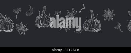 Garlic, rosemary, star anise and oregano forming a seamless botanical border on dark background. Vintage culinary border Stock Vector