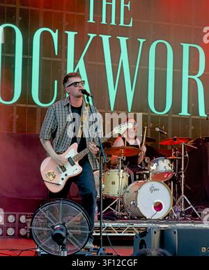 Sean Connelly of Irish post-punk band The Clockworks performs at Castlefield Bowl, Manchester, on 9 July 2026 during Sounds of the City Stock Photo