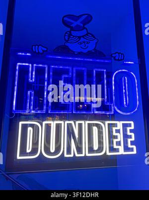 Hello Dundee neon sign glowing blue inside a venue in Dundee, Scotland, UK. Stock Photo