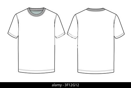 Basic t-shirt front and back view technical drawing vector mockup template. Stock Vector