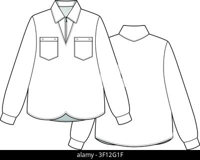 Women oversized shirt front and back view technical flat drawing vector mockup illustration. Stock Vector