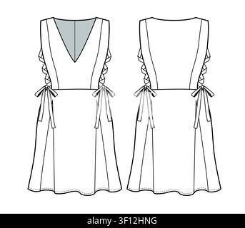 Sleeveless V-Neck Mini Dress with Side Lace-Up Detail Flat Sketch Stock Vector