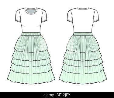 Women's Short Sleeve Cropped T-Shirt and Tiered Pleated Skirt Fashion Illustration Stock Vector