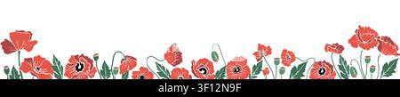 Red poppies broder bloom with green stem Stock Vector