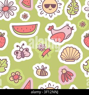 Summer Seamless Pattern. Flowers, Watermelon, Butterfly, Bee, Shell and Sun Hand Drawn Stickers on Green Background. Vector illustration Stock Vector