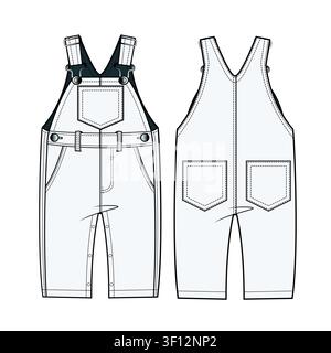 Baby overalls front and back view vector design technical flat drawing. Stock Vector