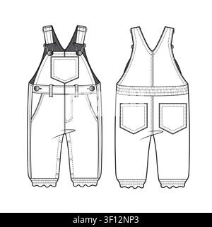 Kids overalls front and back view mockup template vector design. Stock Vector