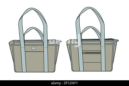 Tote bag technical line drawing vector mockup template. Stock Vector